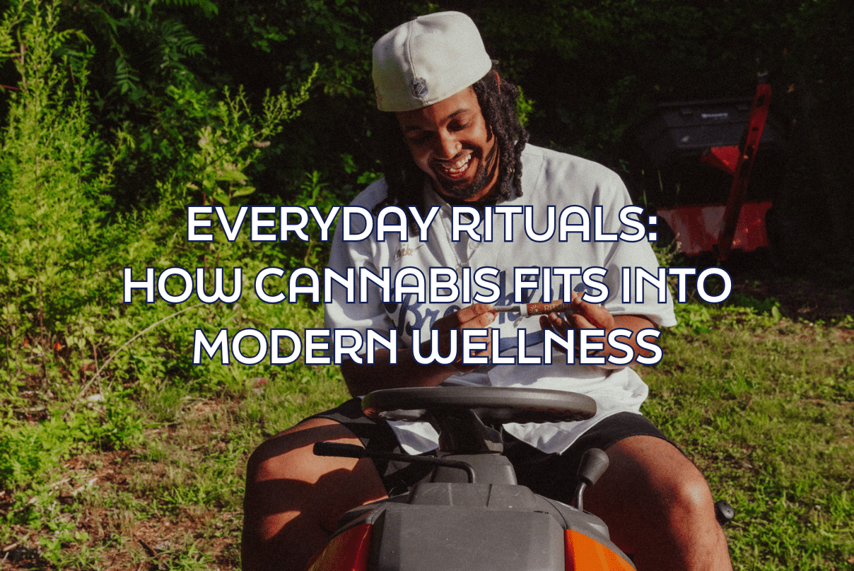 A person rolls a cannabis joint outdoors with RITUAL branding, illustrating how cannabis fits into modern wellness and casual daily rituals.